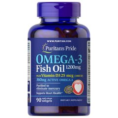 Puritans Pride, Рыбий жир Omega-3 Fish Oil 1200 mg plus Vitamin D3 25mg-1000UI (360 mg), 90 капсул