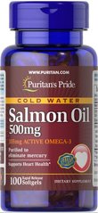 Puritans Pride, Рыбий жир Gold Water Omega-3 Salmon Oil 500 mg (105 mg Active Omega-3), 100 капсул
