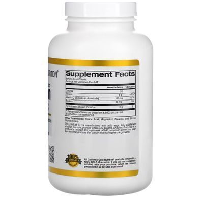 California Gold Nutrition, Риб'ячий колаген Hydrolyzed Collagen Peptides + Vitamin C, Type I & III, 250 таблеток