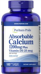 Puritans Pride, Микроэлементы Absorbable Calcium+Vitamin D-3 1200 mg/1000 IU, ( 100 капсул )
