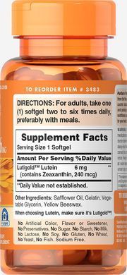 Puritans Pride, Вітаміни Lutein 6 mg with Zeaxanthin, ( 100 капсул )