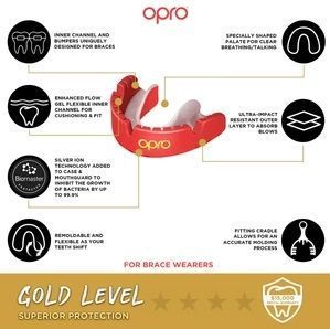 OPRO Капа боксерська Gold Braces Red&mdash; модель рівня Competition Level Self-Fit Mouthguard, спеціально розроблена для людей, які носять брекети