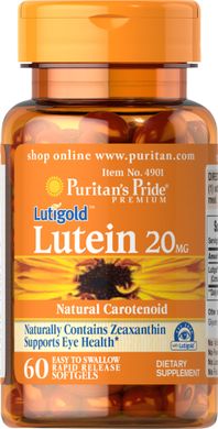 Puritans Pride, Витамины Lutein 20 mg with Zeaxanthin, ( 60 капсул )