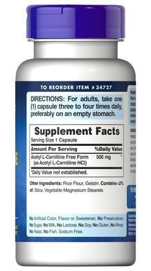 Puritan's Pride, Карнітин Acetyl L-Carnitine 500 mg (60 капсул)