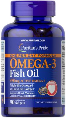 Puritans Pride, Рыбий жир One Per Day Omega-3 Fish Oil 1360 mg (950 mg Active Omega-3), 90 капсул