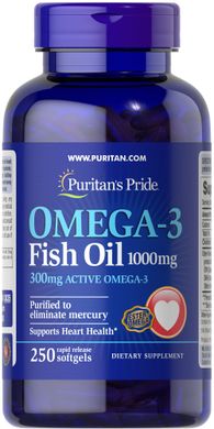 Puritans Pride, Риб'ячий жир Omega-3 Fish Oil 1000 mg (300 mg Active Omega-3), 250 капсул