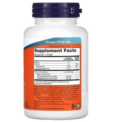 NOW Foods, рыбий жир с омега-3, 1000 мг, 180 ЭПК, 120 ДГК покрытых кишечнорастворимой оболочкой ( 90 капсул )