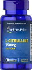 Puritans Pride, Цитруллин L-Citrulline 750 mg Free Form, 60 капсул