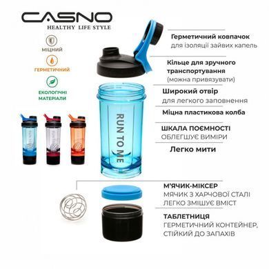 Casno, Спортивный шейкер с контейнером KXN-1199 Gray/Red, 600 мл, Серо-красный, 600 мл